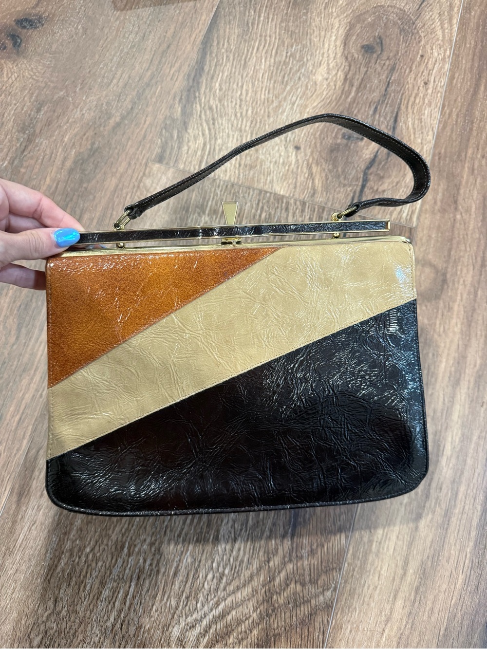 Vintage Tri-Color Leather Handbag in Black, Cream & Brown